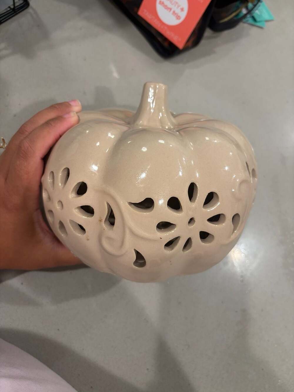 Beige Ceramic Lighted Pumpkin